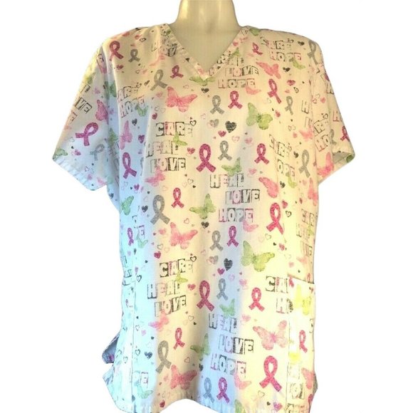 SB Scrub top XL White Breast Cancer Care Hope Heal V Neck 3 Front Pockets - Picture 2 of 8